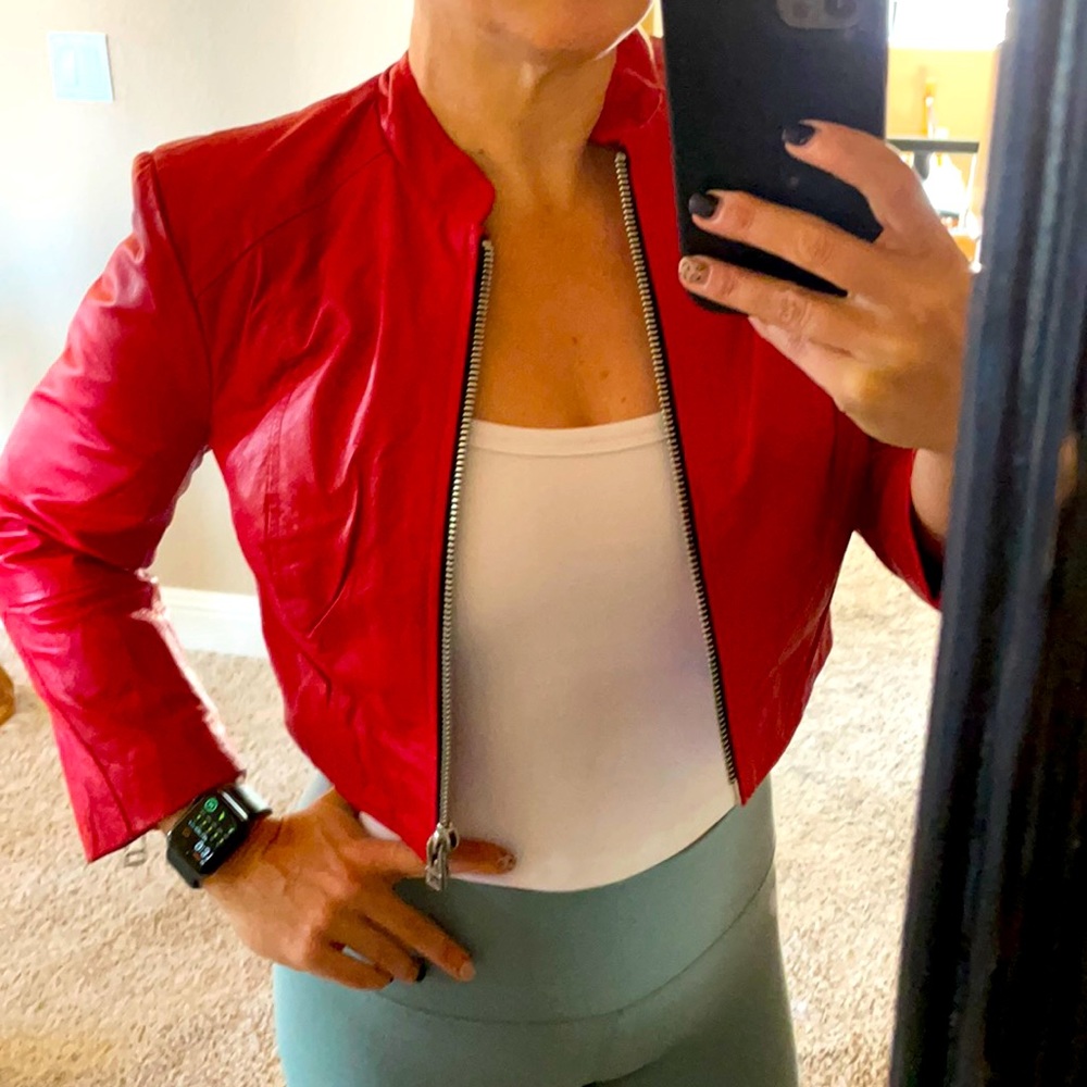 Bebe faux leather crop jacket in red!